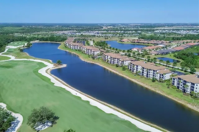a view of a swimming pool with a yard and palm trees