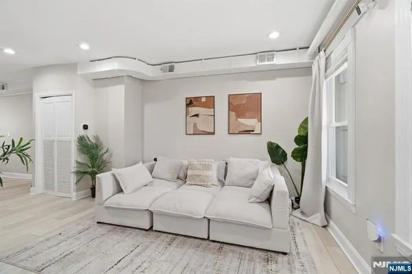 a living room with furniture and a potted plant