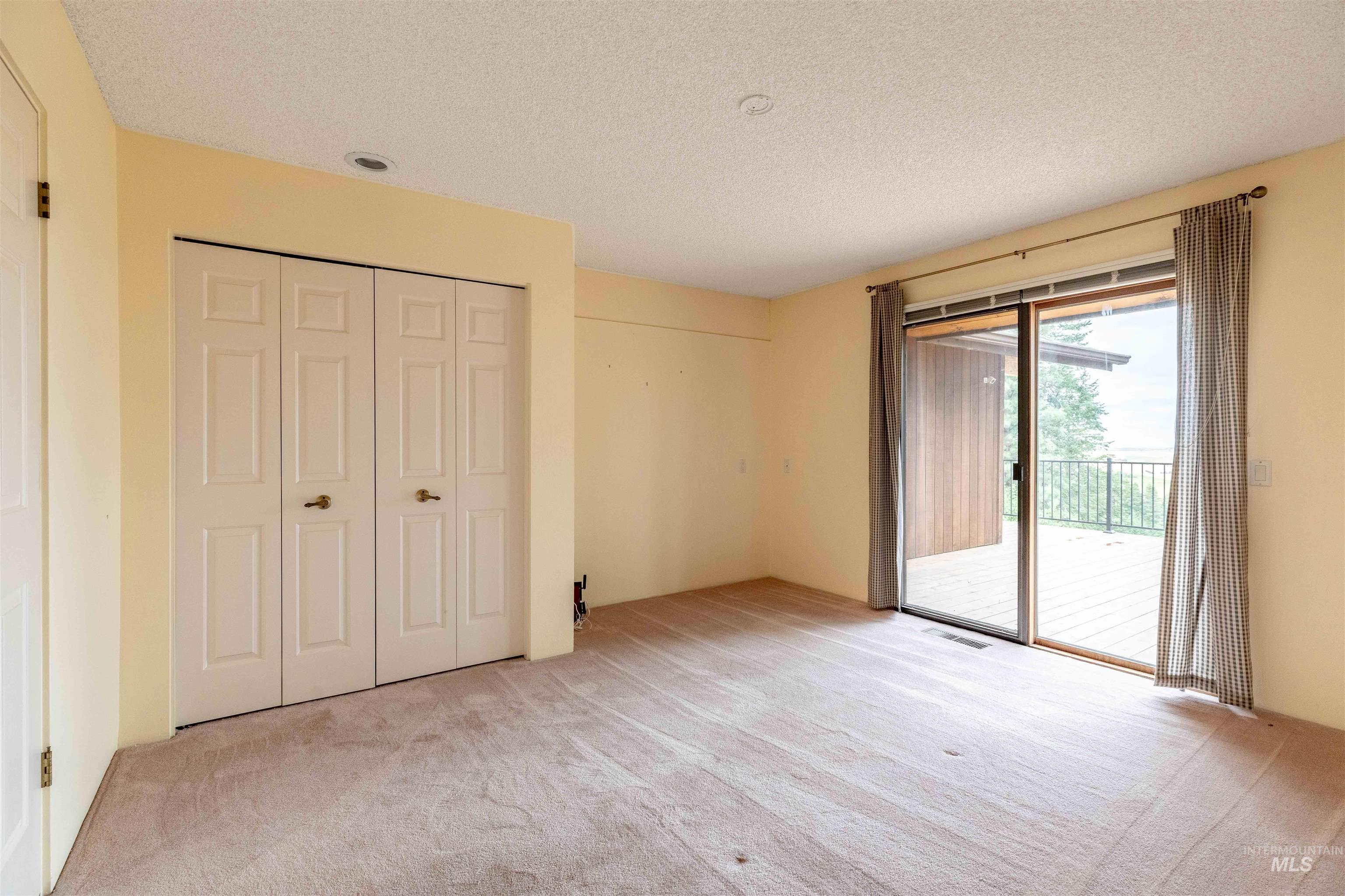 1050 Paradise Ridge Road Moscow, ID 83843 - Photo 18 of 49 Unfurnished bedroom featuring a closet, access to exterior, light colored carpet, and a textured ceiling