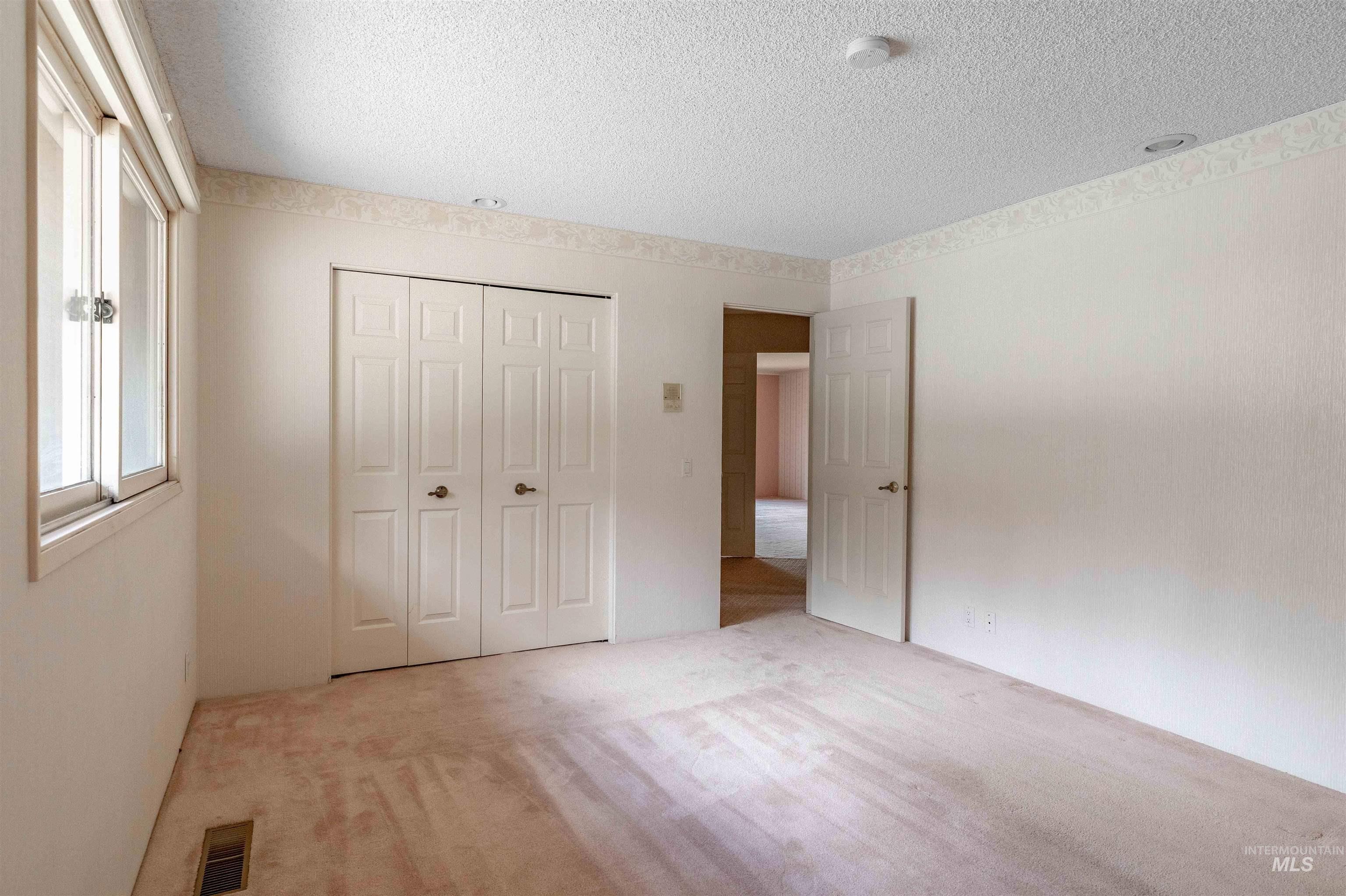 1050 Paradise Ridge Road Moscow, ID 83843 - Photo 19 of 49 Unfurnished bedroom featuring a closet, light carpet, and a textured ceiling