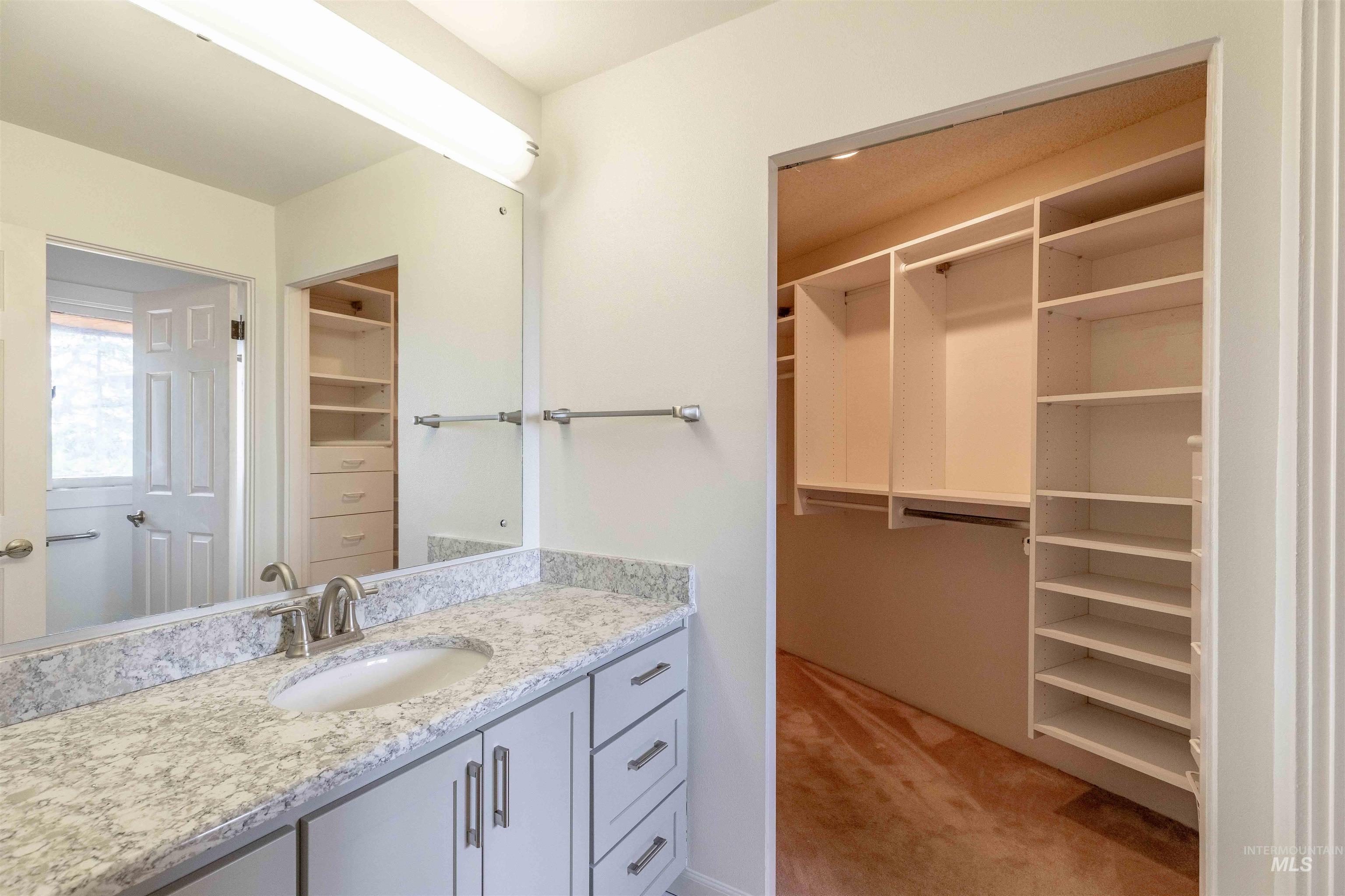 1050 Paradise Ridge Road Moscow, ID 83843 - Photo 22 of 49 Full bathroom with vanity, a spacious closet, and light carpet