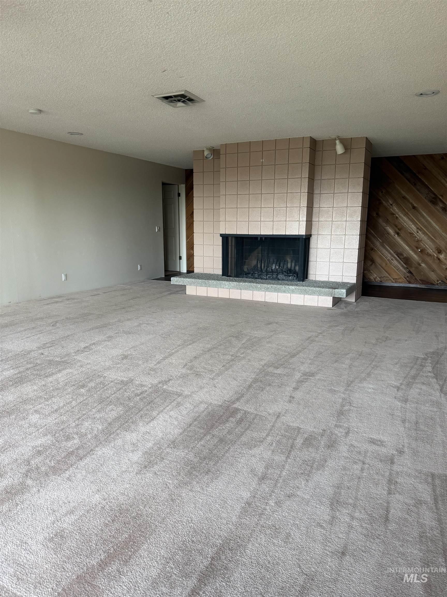 1050 Paradise Ridge Road Moscow, ID 83843 - Photo 32 of 49 Unfurnished living room featuring light carpet, a large fireplace, and a textured ceiling