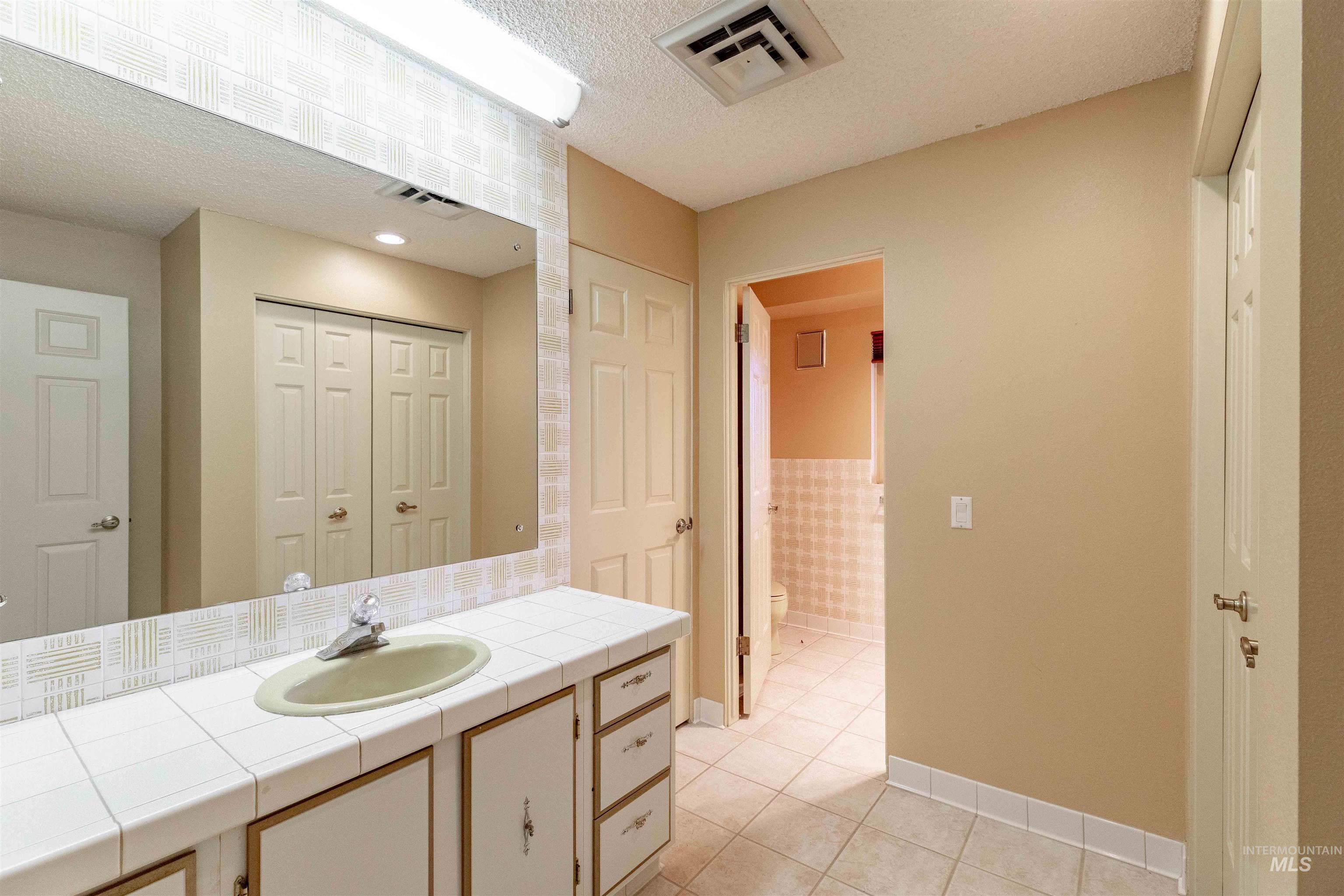 1050 Paradise Ridge Road Moscow, ID 83843 - Photo 34 of 49 Bathroom featuring a closet, vanity, a textured ceiling, and light tile patterned floors
