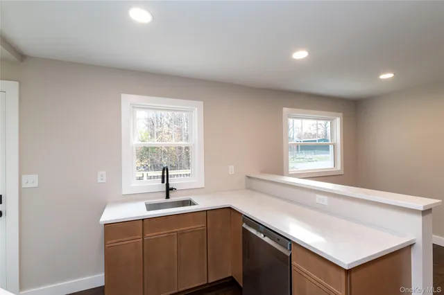 a kitchen with a sink and windows