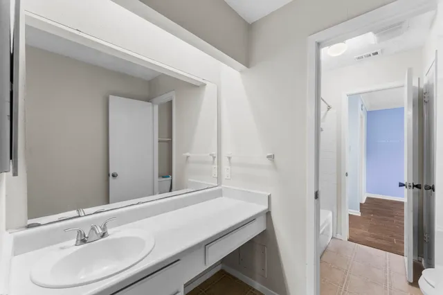 a bathroom with a sink and a mirror