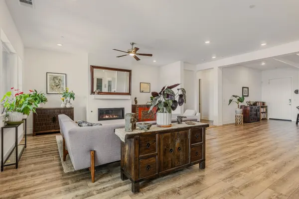 a living room with furniture a fireplace and a potted plant