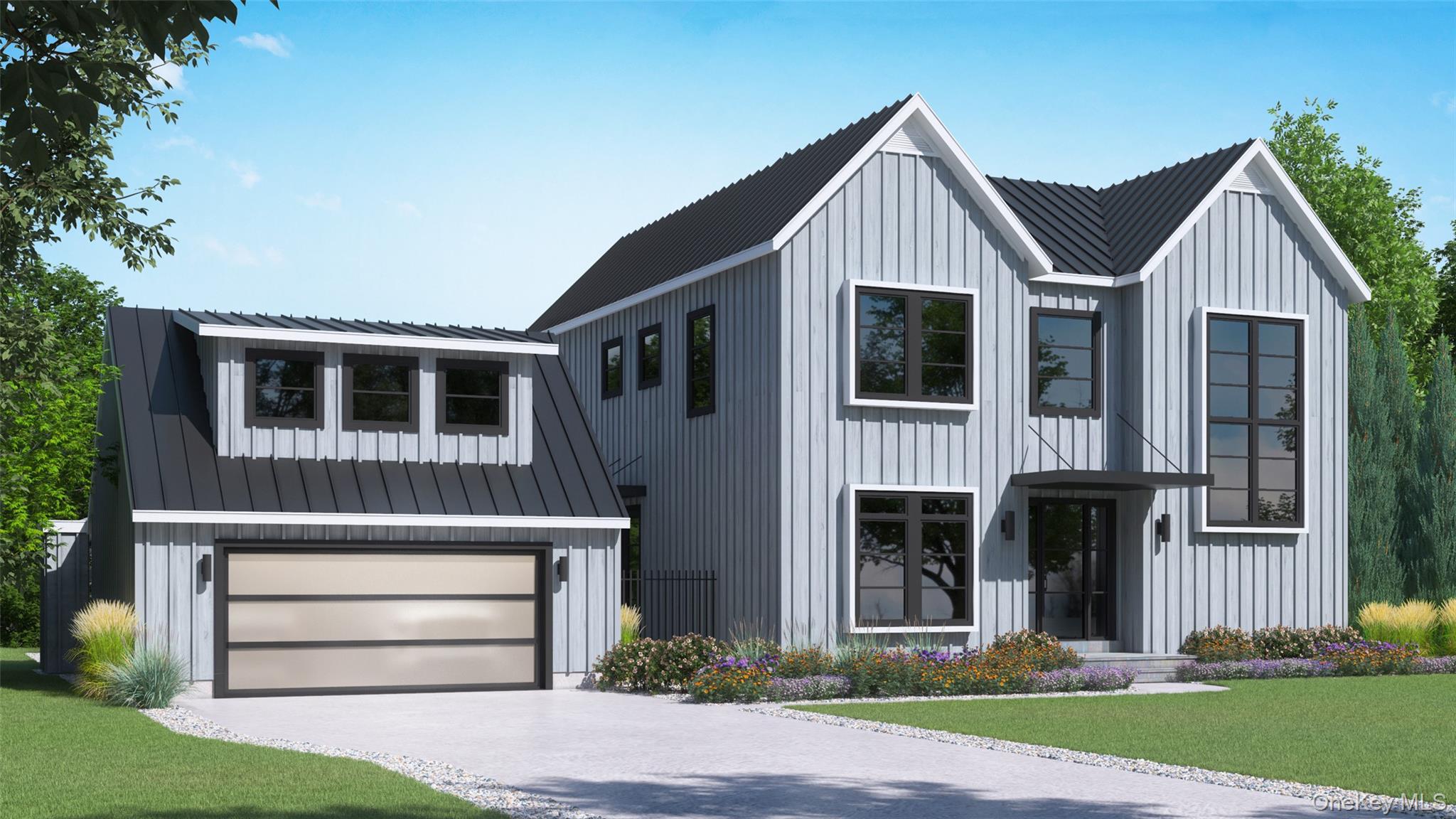 535 Bay Home Road Southold, NY 11971 - Photo 1 of 15 Modern farmhouse style home with board and batten siding, a front lawn, driveway, and a metal roof