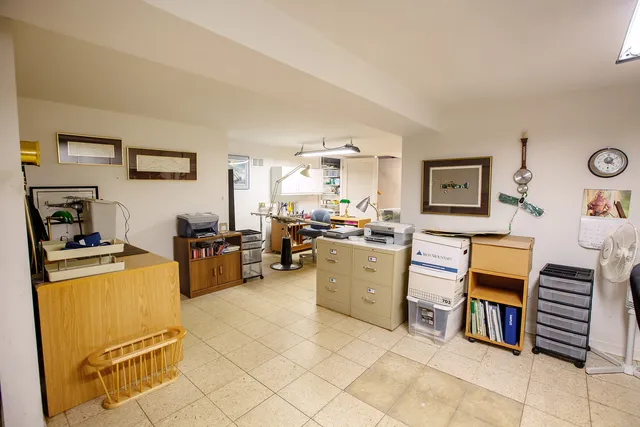 a storage room with cabinets