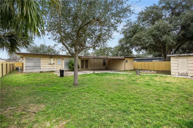 a backyard of a house with plants and large tree