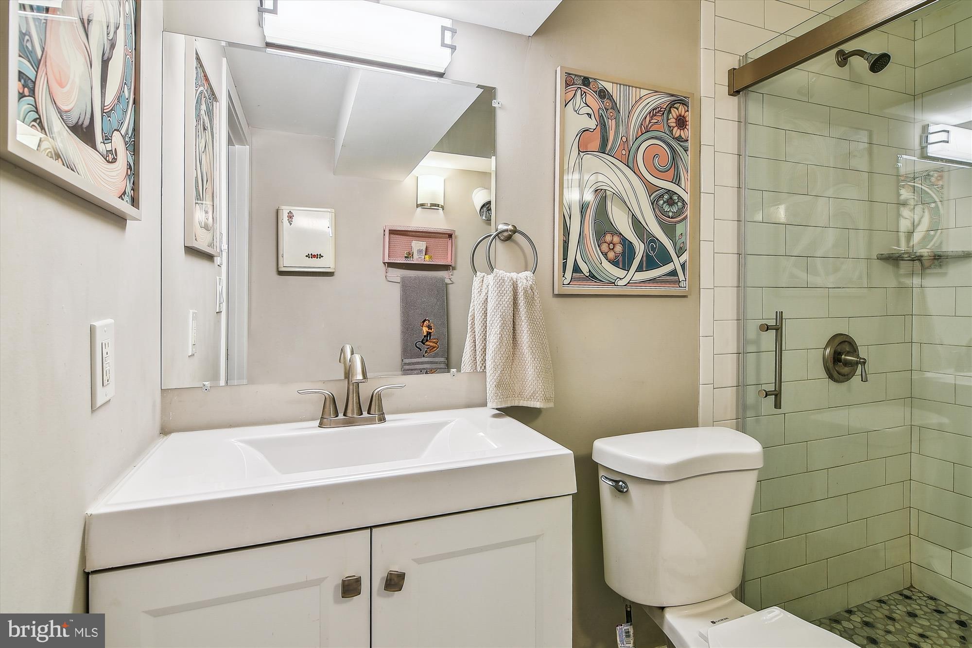 2901 Boston Street, Unit 206 Baltimore, MD 21224 - Photo 34 of 65 a bathroom with a sink a toilet and shower curtain
