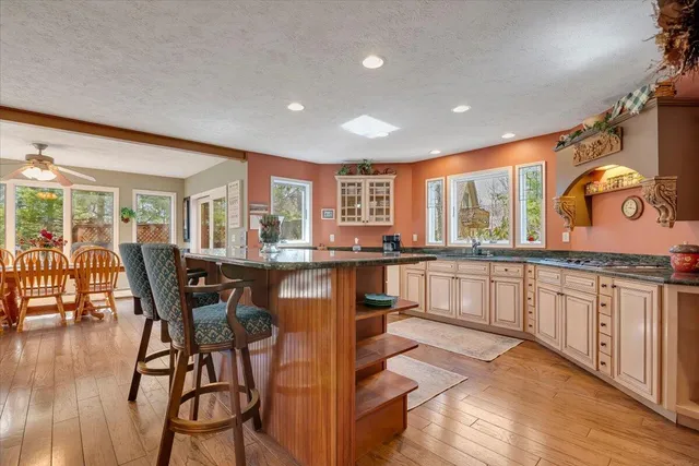 a view of a street with sitting area