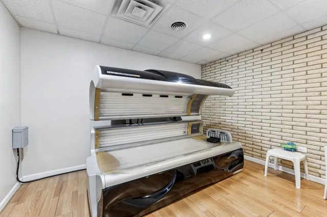 a view of a hallway with wooden floor and a potted plant