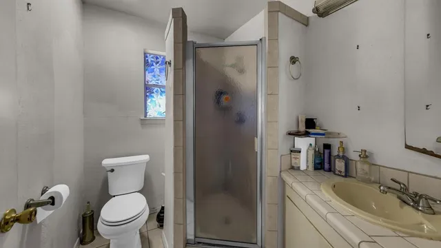 a bathroom with a sink a toilet and shower