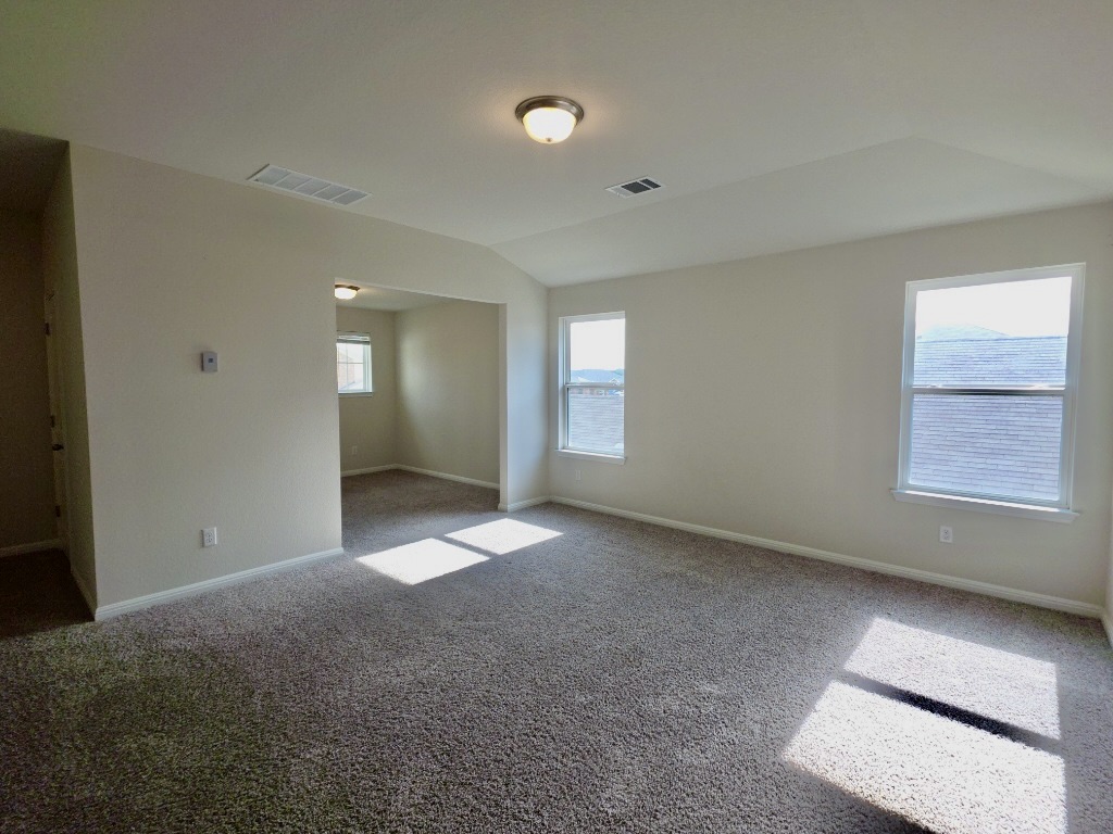 110 Grapefruit Road Hutto, TX 78634 - Photo 15 of 28 Spacious room featuring vaulted ceilings, neutral-toned walls, and plush carpet flooring
