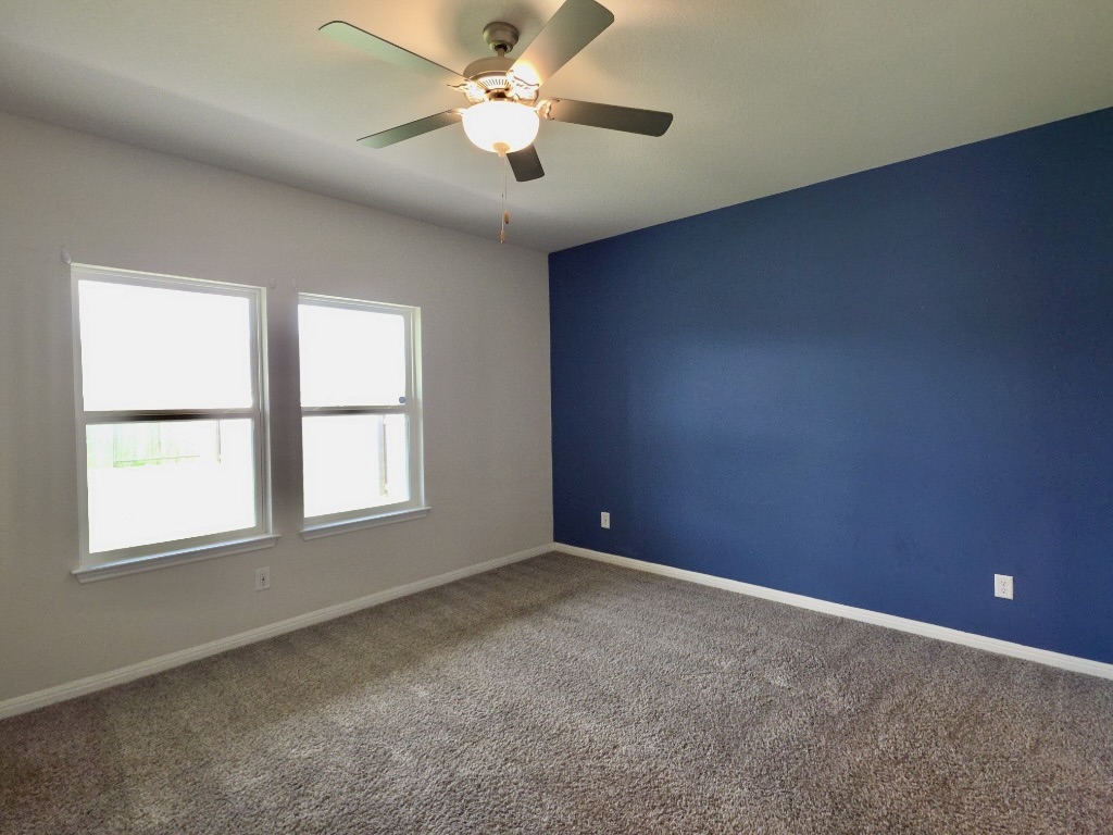 110 Grapefruit Road Hutto, TX 78634 - Photo 10 of 28 Bedroom with a ceiling fan, two windows, and textured carpet flooring