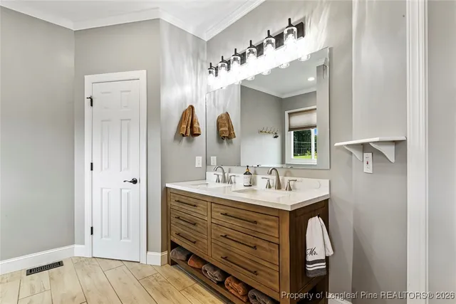 a bathroom with a sink vanity and a mirror