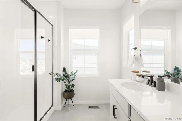 a view of bathroom with sink and mirror