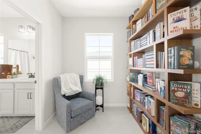 a living room with furniture a bookshelf and a window