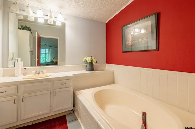 a bathroom with a tub a sink and mirror