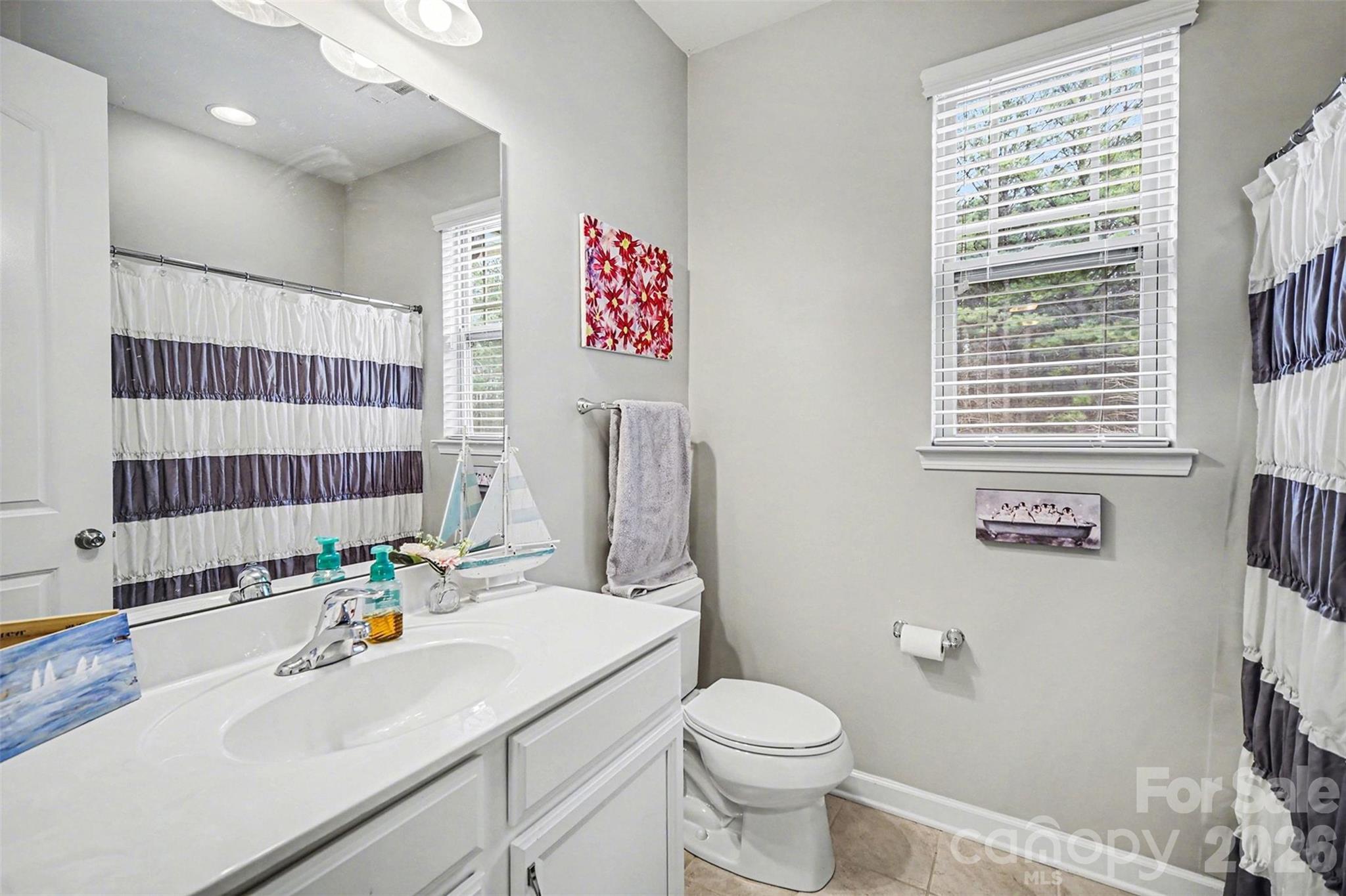 18314 McKee Road Charlotte, NC 28278 - Photo 29 of 37 a bathroom with a sink a toilet and shower curtain