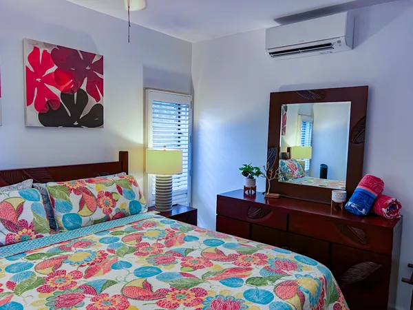 a bedroom with a bed and a dresser in it