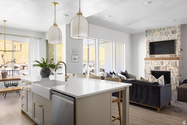 965 Johnson Lane Logan, UT 84321 - Photo 5 of 5 Open-concept living space featuring a stone-clad fireplace with wood mantel, large format windows, wood-finish flooring, and a kitchen island with a farmhouse sink and brass-finish fixtures