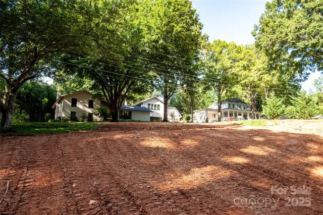 a view of a yard with plants and trees
