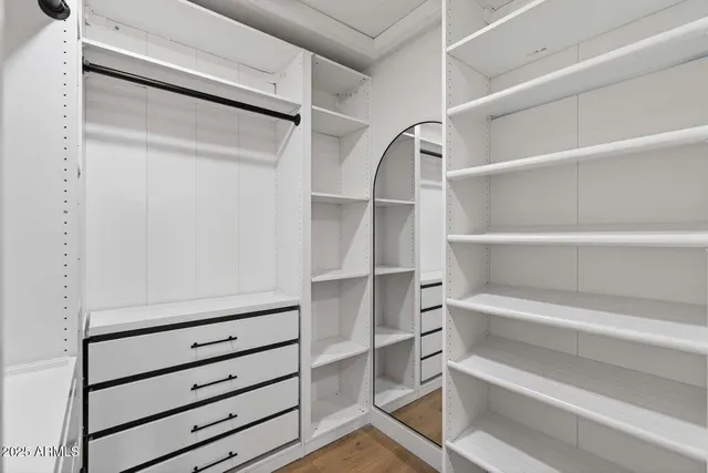 a view of walk in closet with empty racks