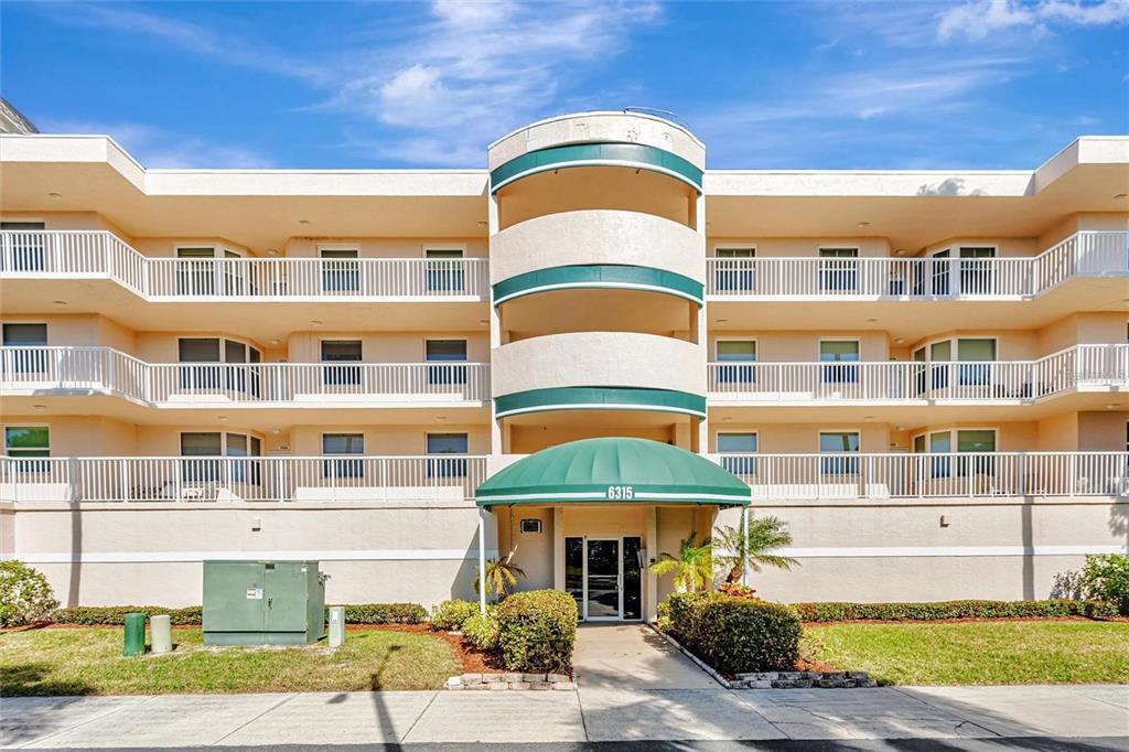a front view of a multi story building
