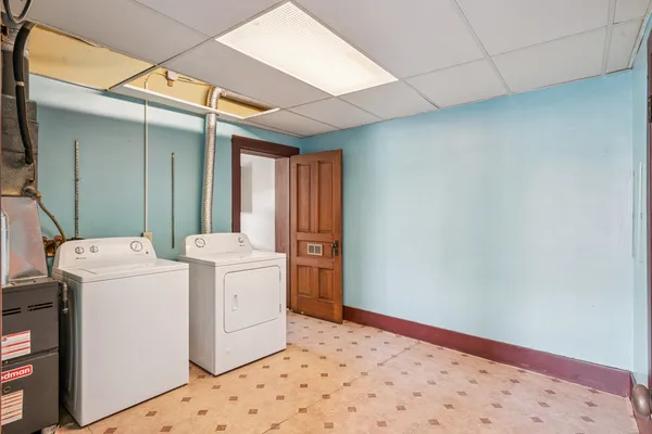 a storage room with a washer and dryer