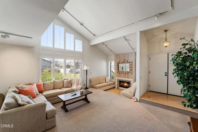 a living room with furniture and a potted plant