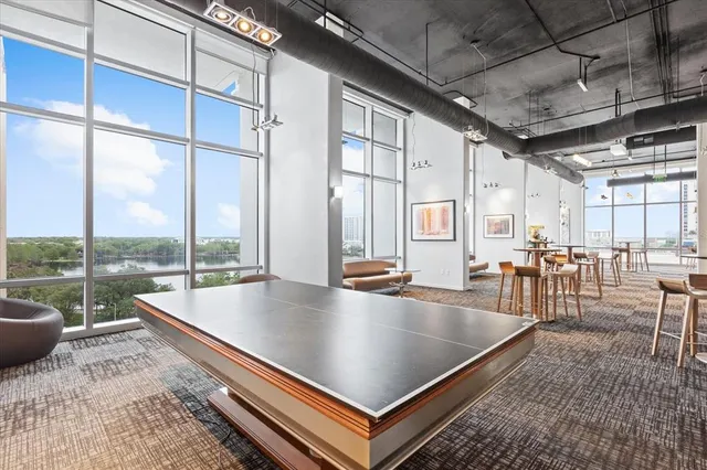 a living room with large window