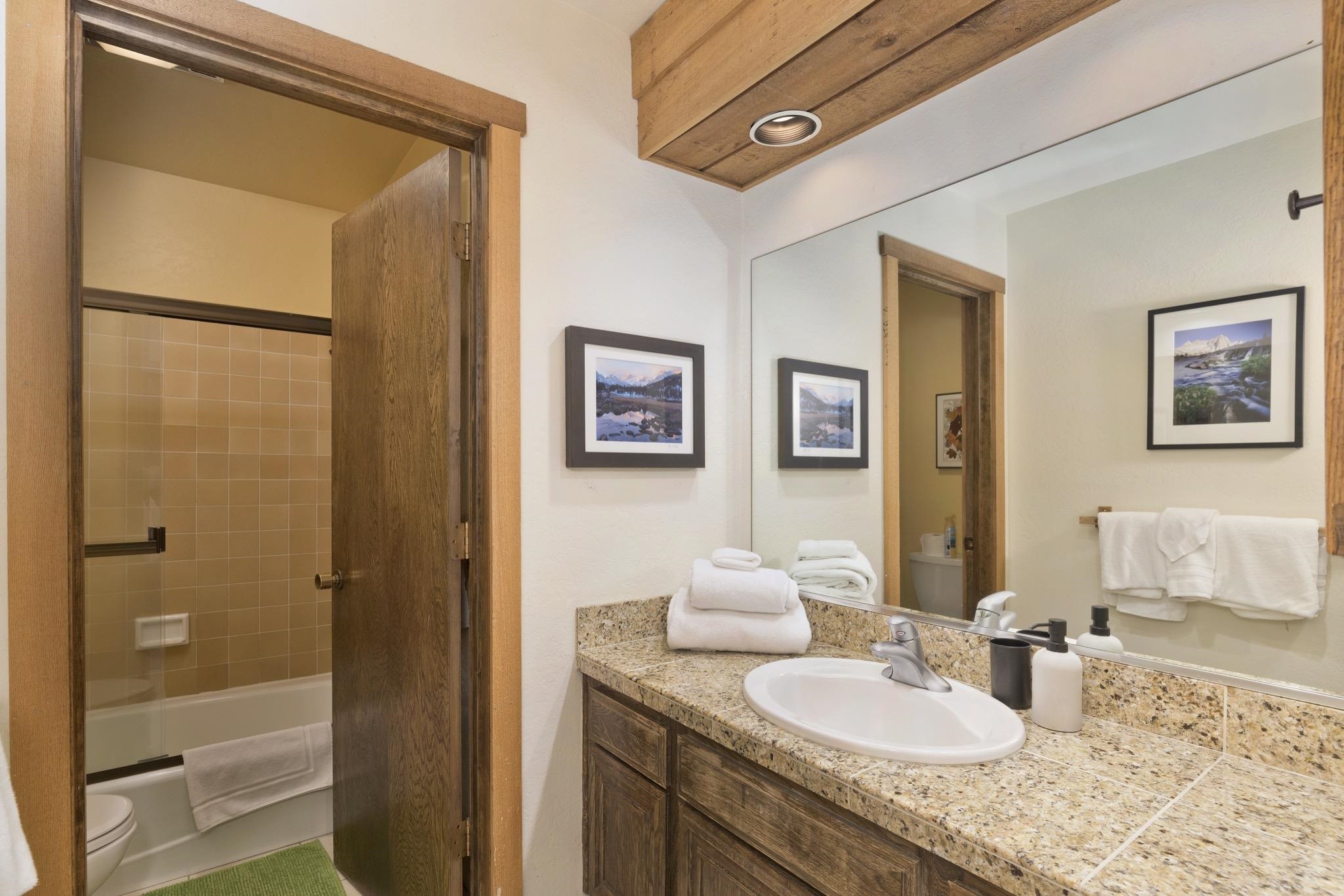 417 Snowcreek Road, Unit 417 Mammoth Lakes, CA 93546 - Photo 25 of 31 Bathroom featuring a wood-finish vanity with a granite-style countertop, undermount sink, and a larg