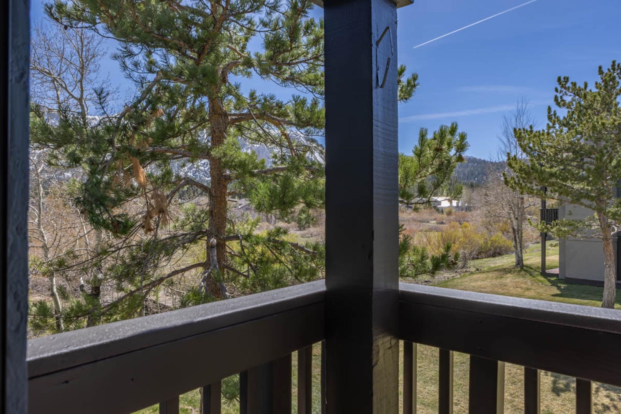 417 Snowcreek Road, Unit 417 Mammoth Lakes, CA 93546 - Photo 29 of 31 Balcony with dark wood railings overlooking mature trees and natural landscaping