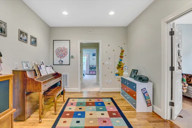 an aerial view of a house with garden