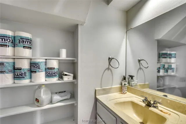 a bathroom with a sink and a mirror