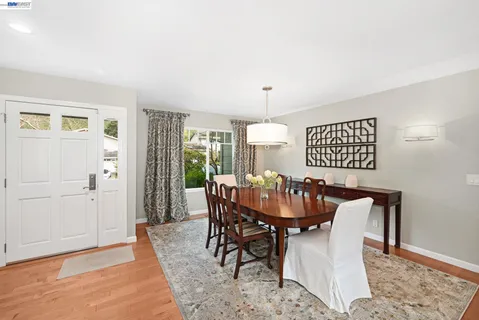 a view of a dining room with furniture