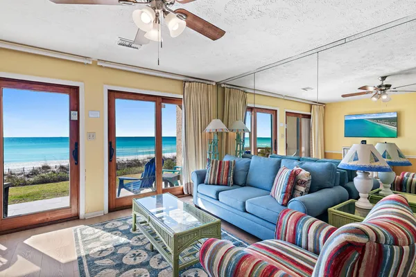 a living room with furniture and a floor to ceiling window