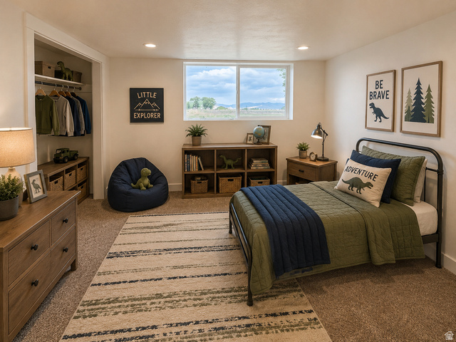 2865 North 3250 W Road Sutherland, UT 84624 - Photo 20 of 28 Staged Bright bedroom featuring a large window, neutral carpeting, and a built-in closet with shelving