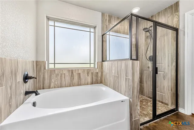 a bathroom with shower and a bathtub