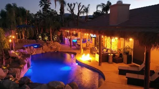 an outdoor space with seating