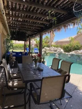 a view of an outdoor seating area