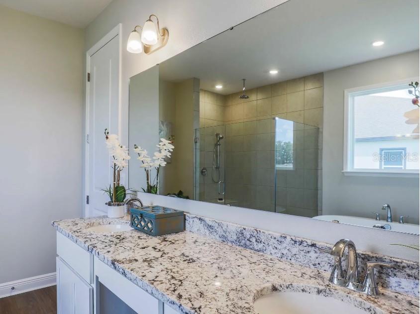 4021 Maggie Loop Lakeland, FL 33813 - Photo 15 of 29 a bathroom with a granite countertop sink a mirror and vanity
