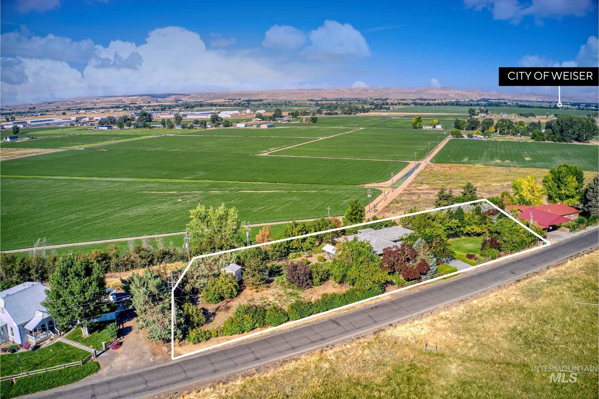 1493 Cove Road Weiser, ID 83672 - Photo 2 of 50 Aerial perspective showcasing a single-story residence with a gray shingled roof, surrounded by mature trees and landscaping