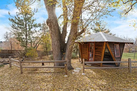 a view of a yard with plants and tree