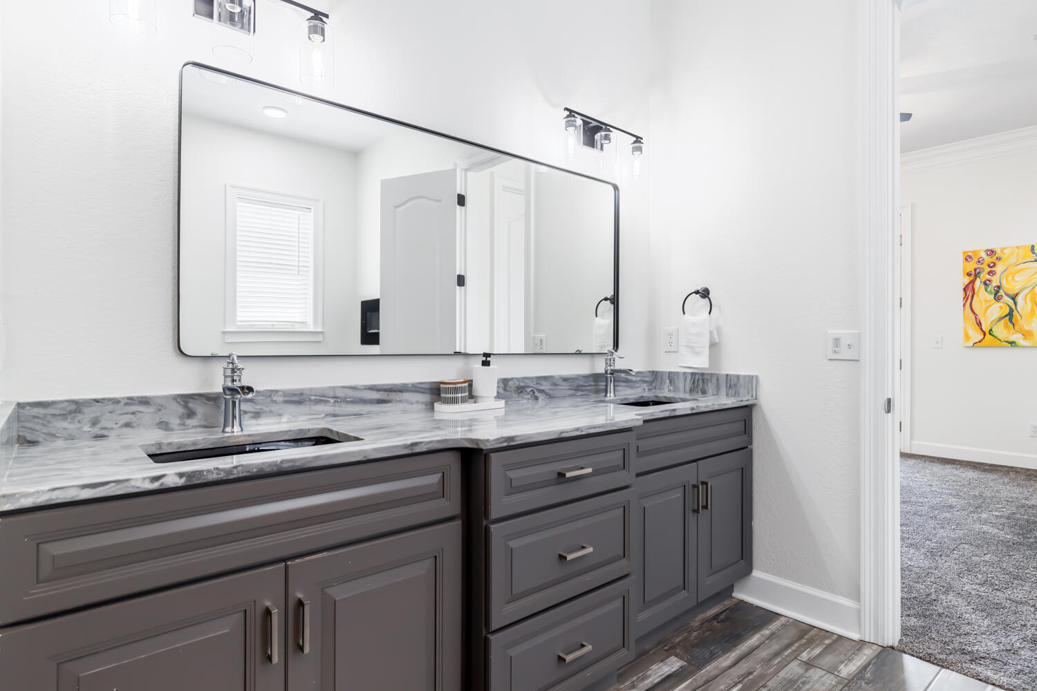 337 Grande Pointe Circle Inlet Beach, FL 32461 - Photo 44 of 73 a bathroom with a granite countertop sink and a mirror