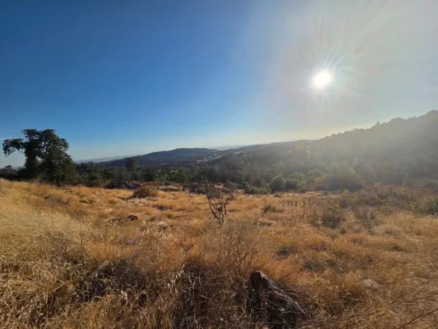 a view of a dry yard with mountains in the background