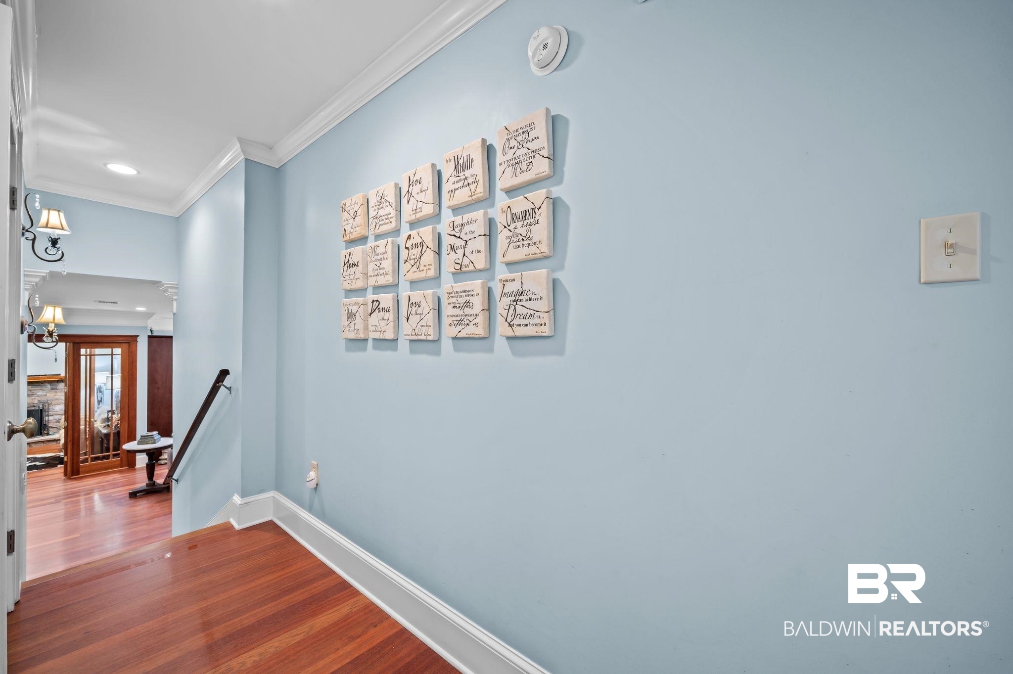 7850 Yorkhaven Road Mobile, AL 36695 - Photo 19 of 57 Corridor with crown molding, dark wood-style floors, an upstairs landing, and baseboards