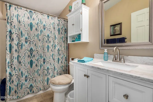 a bathroom with a granite countertop sink and a toilet