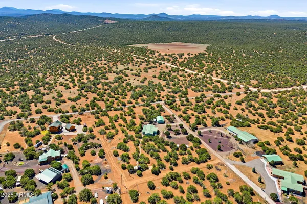 an aerial view of residential houses with outdoor space and mountain view